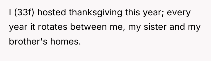 I (33f) hosted thanksgiving this year; every year it rotates...