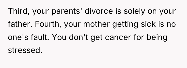 Third, your parents' divorce is solely on your father. Fourth,...