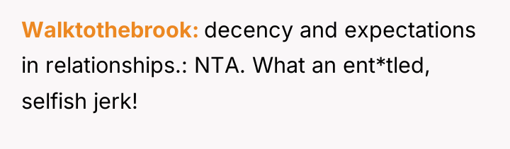 Walktothebrook decency and expectations in relationships.: NTA. What an ent*tled,...