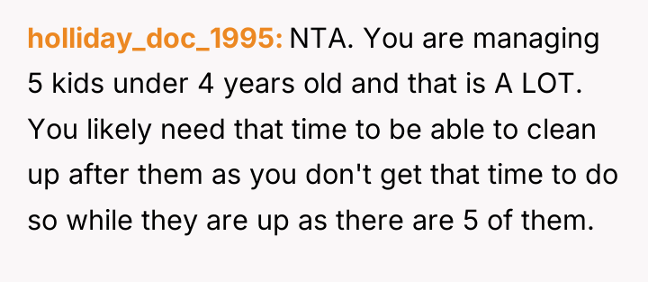 holliday_doc_1995 NTA. You are managing 5 kids under 4 years...