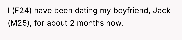 I (F24) have been dating my boyfriend, Jack (M25), for...