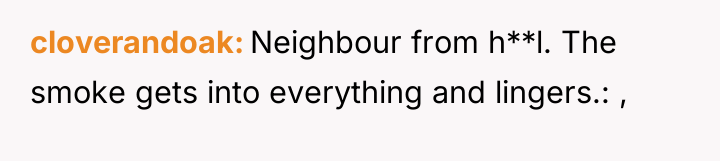 cloverandoak Neighbour from h**l. The smoke gets into everything and...