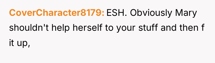 CoverCharacter8179 ESH. Obviously Mary shouldn't help herself to your stuff...