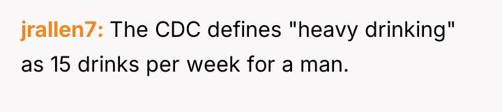 jrallen7 The CDC defines "heavy drinking" as 15 drinks per...