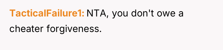 TacticalFailure1 NTA, you don't owe a cheater forgiveness.