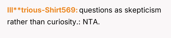 Ill**trious-Shirt569 questions as skepticism rather than curiosity.: NTA.