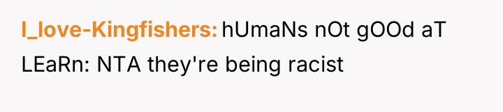 I_love-Kingfishers hUmaNs nOt gOOd aT LEaRn: NTA they're being racist
