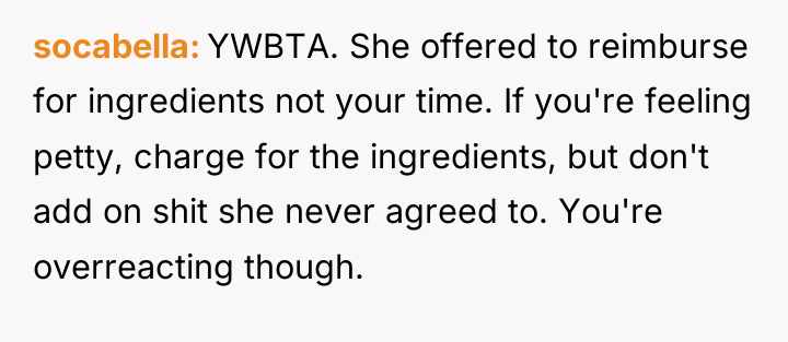 socabella YWBTA. She offered to reimburse for ingredients not your...