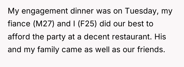 My engagement dinner was on Tuesday, my fiance (M27) and...