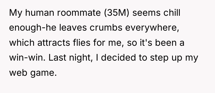 My human roommate (35M) seems chill enough-he leaves crumbs everywhere,...