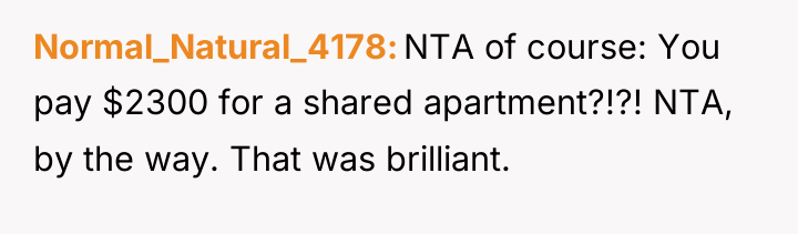 Normal_Natural_4178 NTA of course: You pay $2300 for a shared...