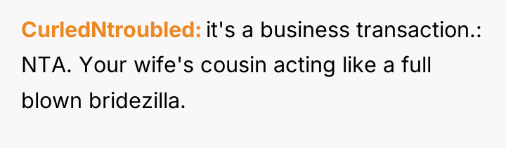 CurledNtroubled it's a business transaction.: NTA. Your wife's cousin acting...