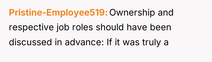 Pristine-Employee519 Ownership and respective job roles should have been discussed...