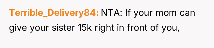 Terrible_Delivery84 NTA: If your mom can give your sister 15k...