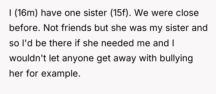 I (16m) have one sister (15f). We were close before....