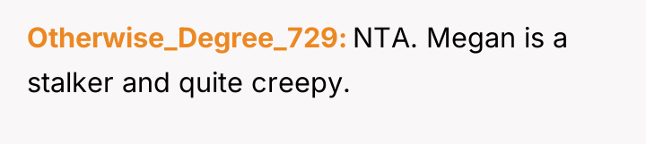 Otherwise_Degree_729 NTA. Megan is a stalker and quite creepy.