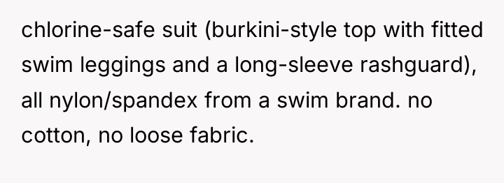 chlorine-safe suit (burkini-style top with fitted swim leggings and a...