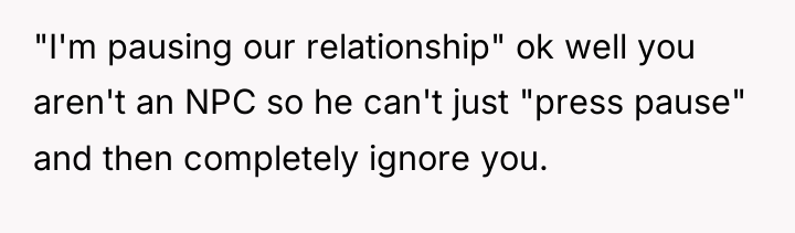 "I'm pausing our relationship" ok well you aren't an NPC...