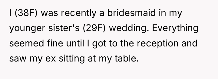 I (38F) was recently a bridesmaid in my younger sister's...