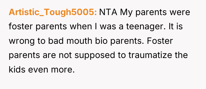 Artistic_Tough5005 NTA My parents were foster parents when I was...