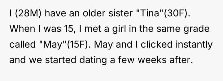I (28M) have an older sister "Tina"(30F). When I was...