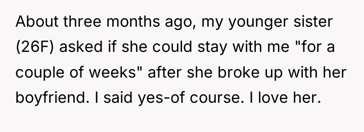 About three months ago, my younger sister (26F) asked if...