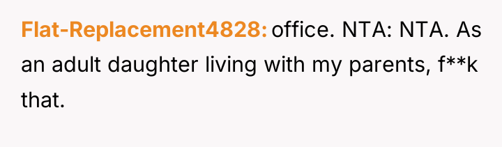 Flat-Replacement4828 office. NTA: NTA. As an adult daughter living with...