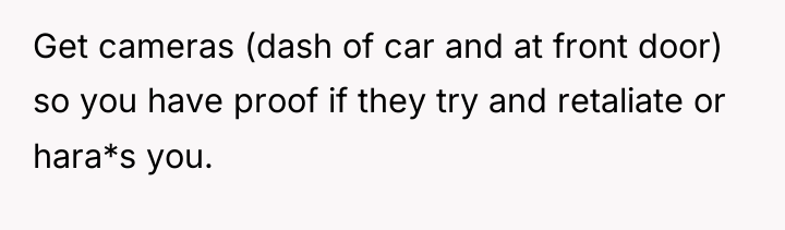 Get cameras (dash of car and at front door) so...