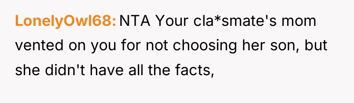 LonelyOwl68 NTA Your cla*smate's mom vented on you for not...