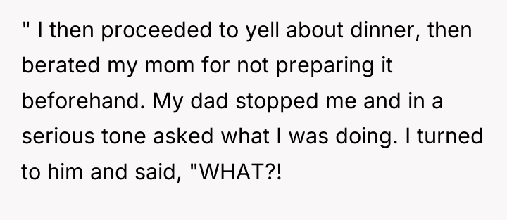 " I then proceeded to yell about dinner, then berated...