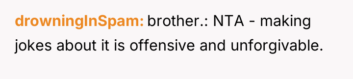 drowningInSpam brother.: NTA - making jokes about it is offensive...