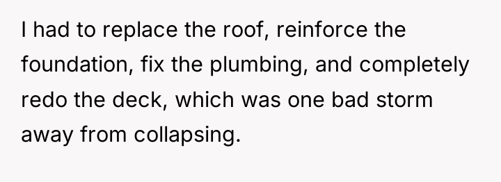 I had to replace the roof, reinforce the foundation, fix...
