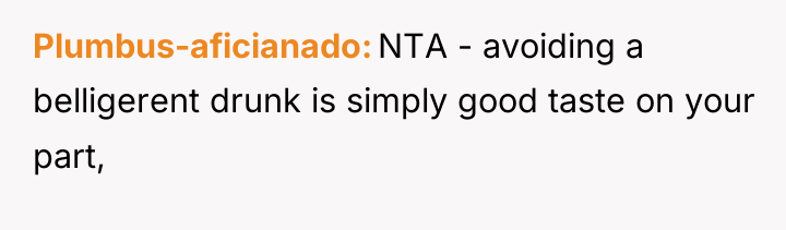 Plumbus-aficianado NTA - avoiding a belligerent drunk is simply good...