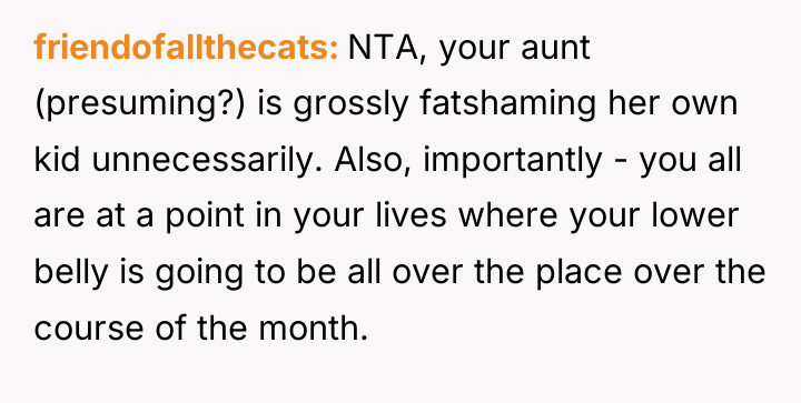 friendofallthecats NTA, your aunt (presuming?) is grossly fatshaming her own...