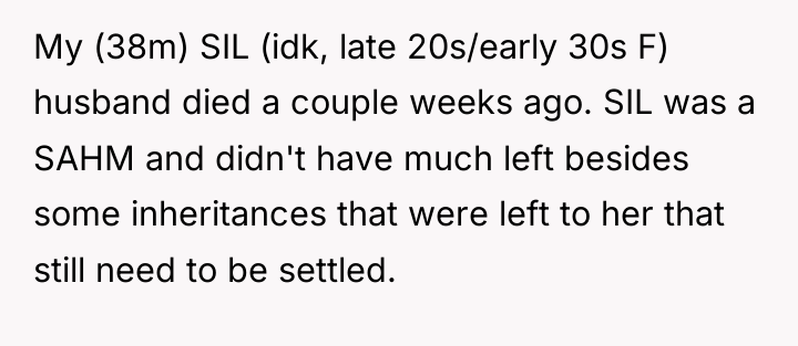 My (38m) SIL (idk, late 20s/early 30s F) husband died...