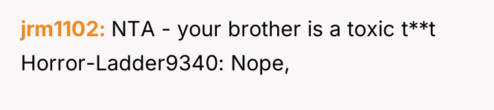 jrm1102 NTA - your brother is a toxic t**t Horror-Ladder9340:...