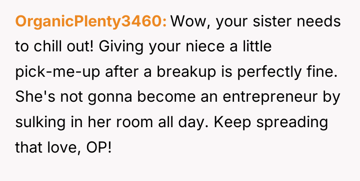 OrganicPlenty3460 Wow, your sister needs to chill out! Giving your...