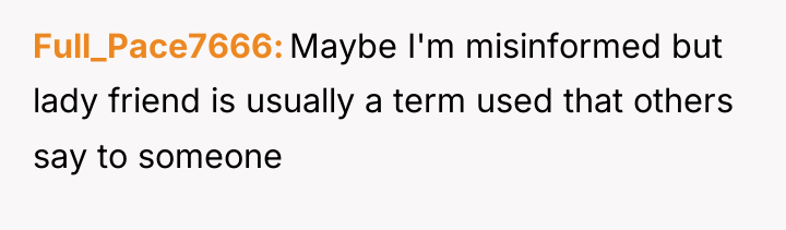 Full_Pace7666 Maybe I'm misinformed but lady friend is usually a...