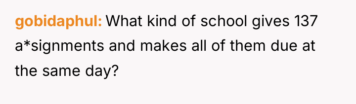 gobidaphul What kind of school gives 137 a*signments and makes...