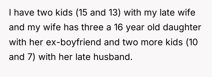 I have two kids (15 and 13) with my late...