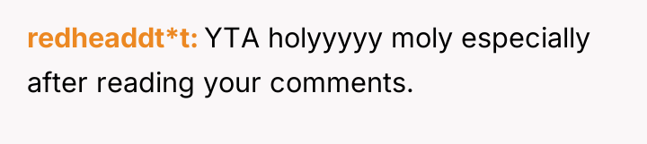 redheaddt*t YTA holyyyyy moly especially after reading your comments.