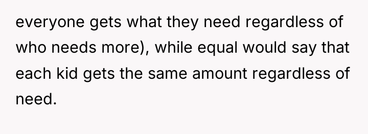 everyone gets what they need regardless of who needs more),...