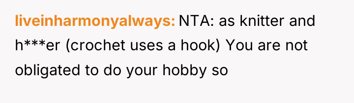 liveinharmonyalways NTA: as knitter and h***er (crochet uses a hook)...