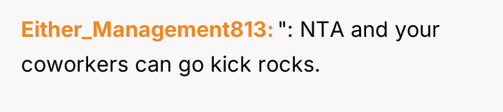 Either_Management813 ": NTA and your coworkers can go kick rocks.