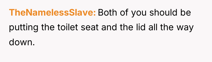 TheNamelessSlave Both of you should be putting the toilet seat...