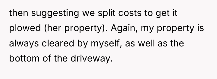 then suggesting we split costs to get it plowed (her...