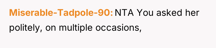 Miserable-Tadpole-90 NTA You asked her politely, on multiple occasions,