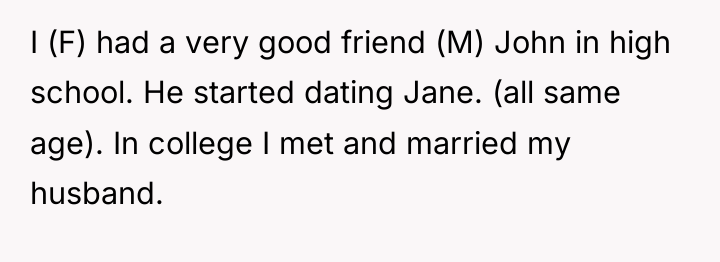 I (F) had a very good friend (M) John in...