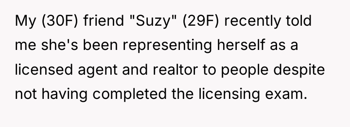 My (30F) friend "Suzy" (29F) recently told me she's been...