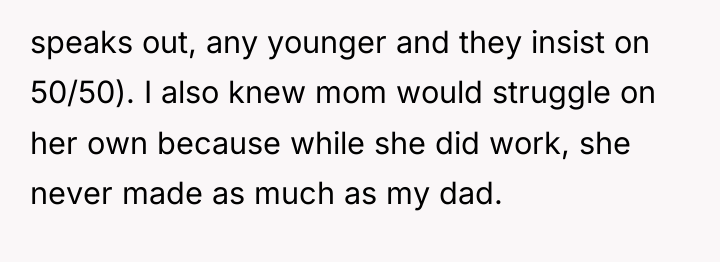speaks out, any younger and they insist on 50/50). I...